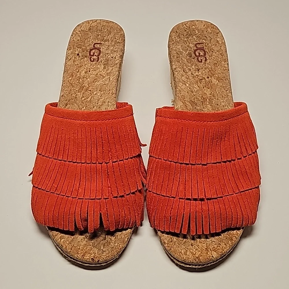 UGG Kendra Wedge Sandals Slides Espadrilles Suede Leather Fringe Cork Orange 7